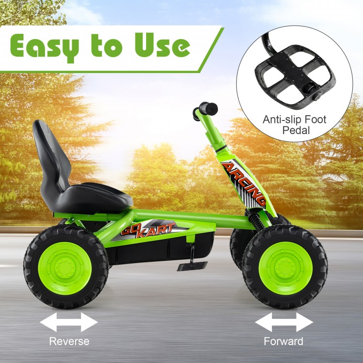 Go-kart for kids in green with adjustable seat, anti-slip pedals, and sturdy design for safe outdoor fun.