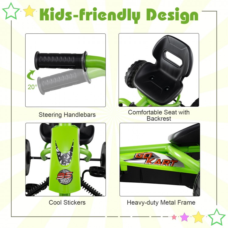 Go Kart for Kids in green with adjustable seat, steering handlebars, and heavy-duty metal frame for safe outdoor fun.