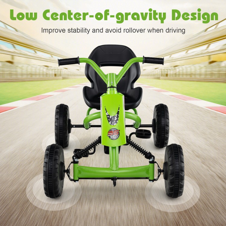 Green go-kart for kids with adjustable seat, low center-of-gravity design, and anti-slip foot pedals for safety.