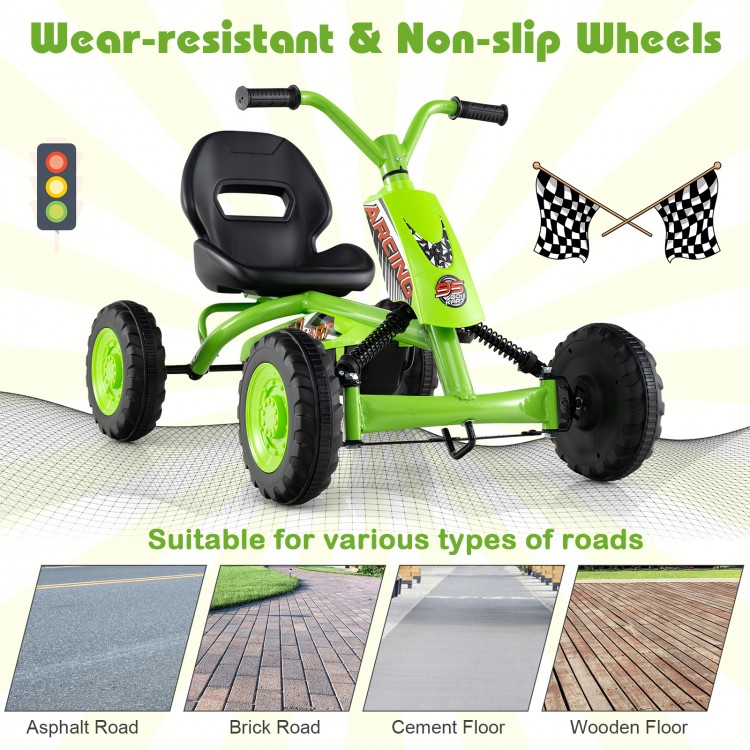 Go-kart for kids with adjustable seat, wear-resistant non-slip wheels, suitable for various road types.