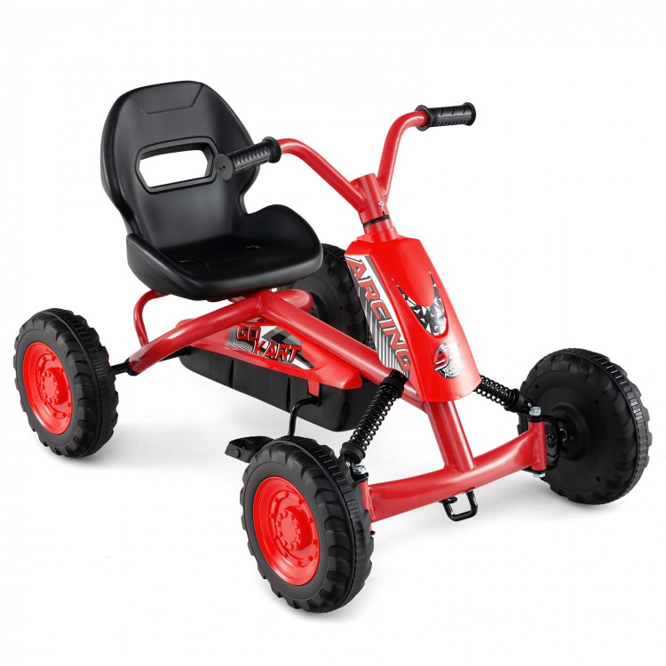 Red go-kart for kids with adjustable seat, anti-slip pedals, and sturdy metal frame for safe outdoor fun.