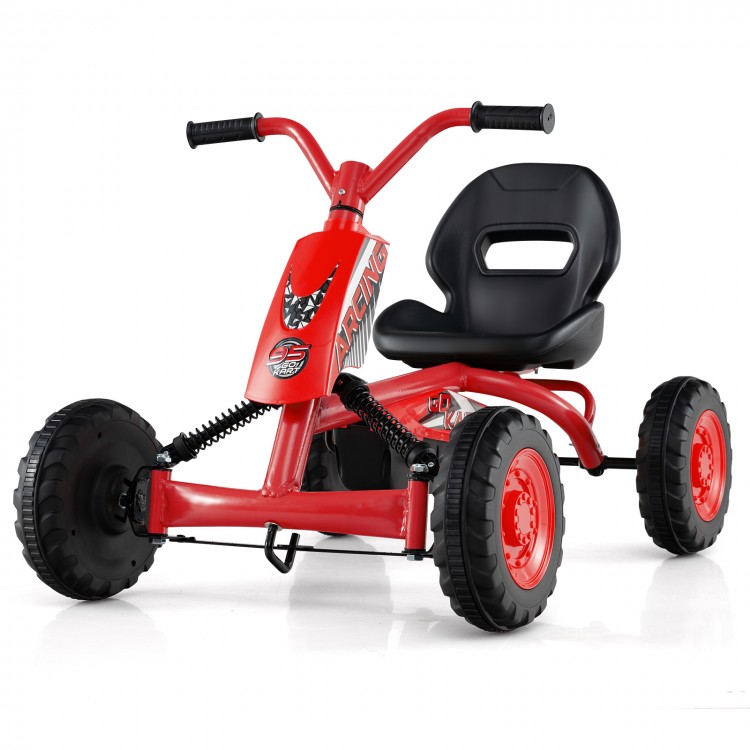 Red go-kart for kids featuring adjustable seat, anti-slip pedals, and sturdy metal frame for safe outdoor fun.