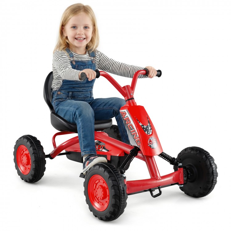 Red go-kart for kids featuring adjustable seat, anti-slip pedals, and sturdy design for safe outdoor fun.