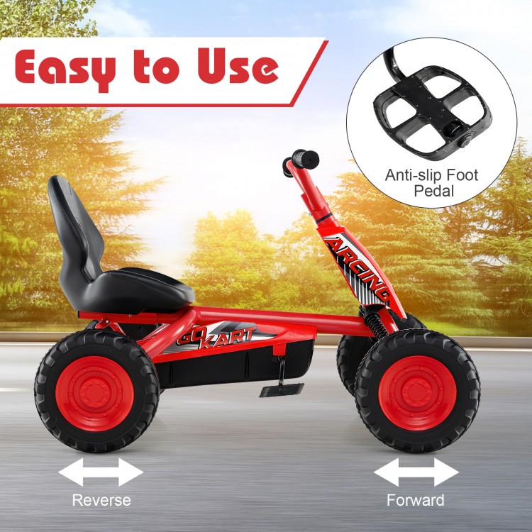 Go-kart for kids in red with adjustable seat, anti-slip foot pedals, and sturdy metal frame for safe outdoor fun.