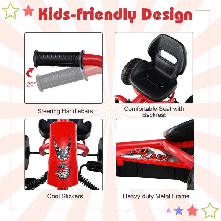 Go-kart for kids featuring adjustable seat, comfortable backrest, and sturdy metal frame for safe outdoor fun.