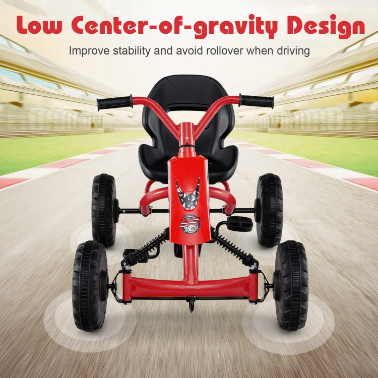 Red go-kart for kids featuring a low center-of-gravity design, adjustable seat, and anti-slip foot pedals for safety.
