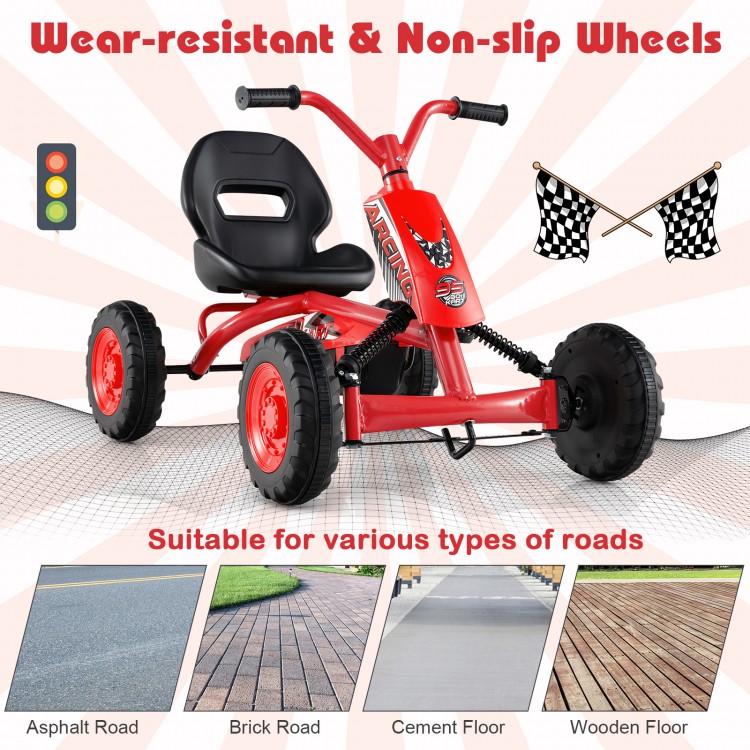 Go-kart for kids in red with adjustable seat, wear-resistant wheels, suitable for various road types.