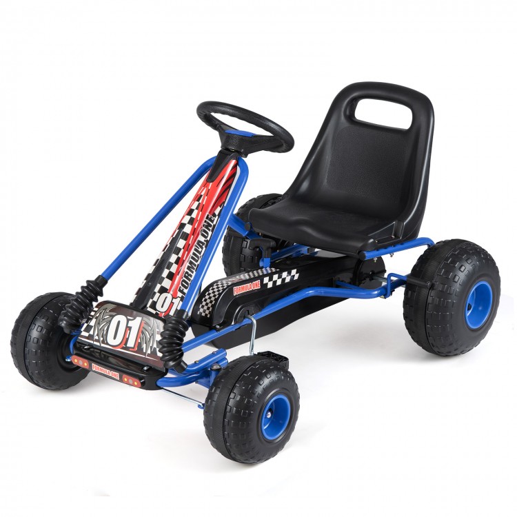 Blue go-kart for kids with adjustable seat, multi-terrain wheels, and dual control modes for safe driving.