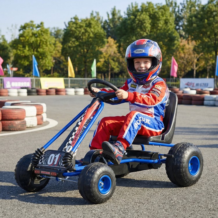 Kids' go-kart with adjustable seat, multi-terrain wheels, and safety features for outdoor fun and driving enjoyment.