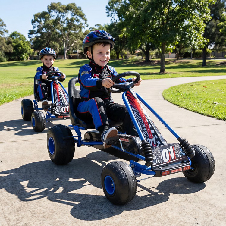 Kids riding blue go karts with adjustable seats and multi-terrain wheels for outdoor fun and safety.
