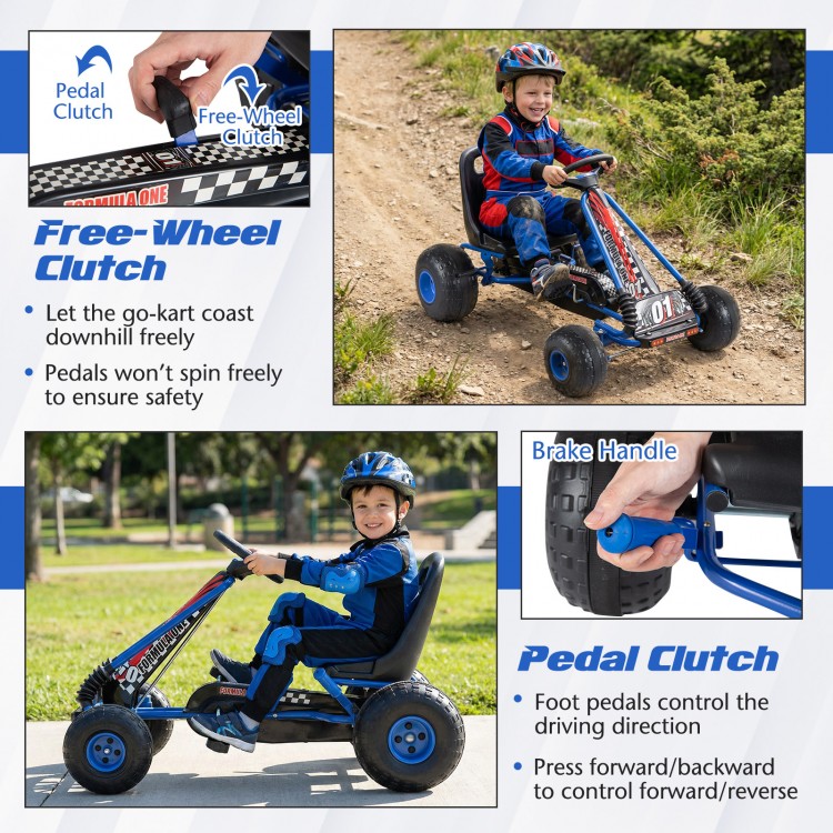 Go-kart for kids in blue with adjustable seat, multi-terrain wheels, and dual control modes for safe driving.
