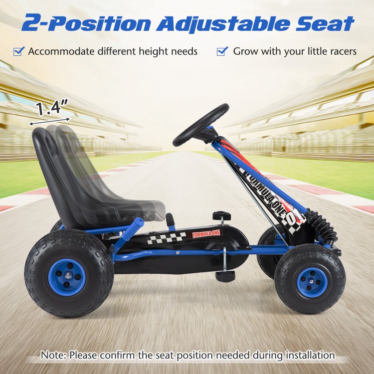 Go-kart for kids with a blue frame, featuring a 2-position adjustable seat and multi-terrain wheels for safe driving.