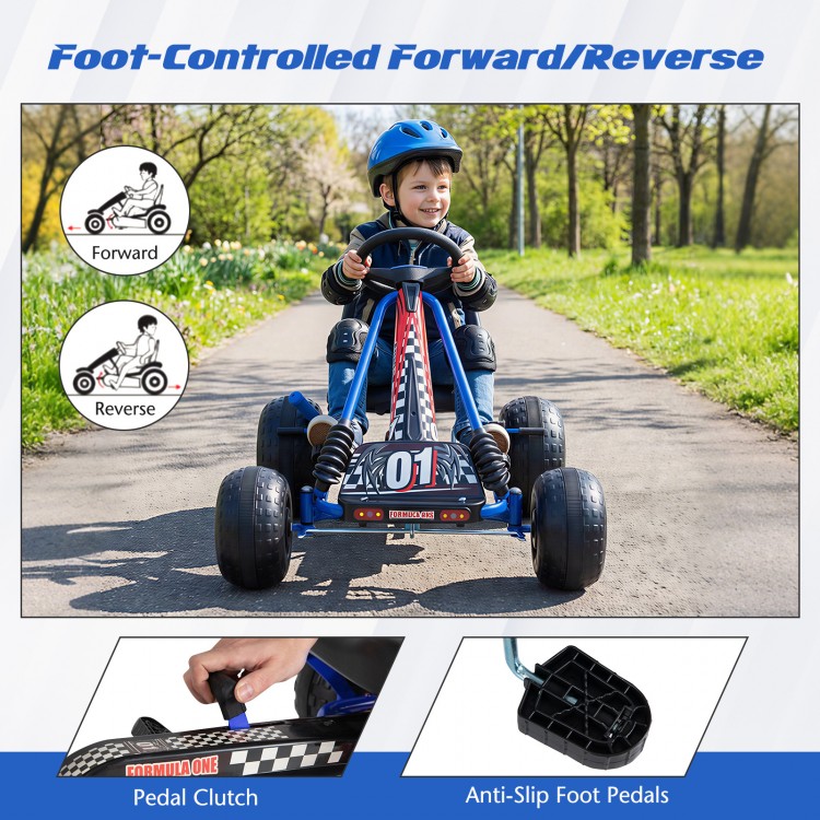 Go-kart for kids featuring adjustable seat, multi-terrain wheels, and foot-controlled forward/reverse for safe driving.