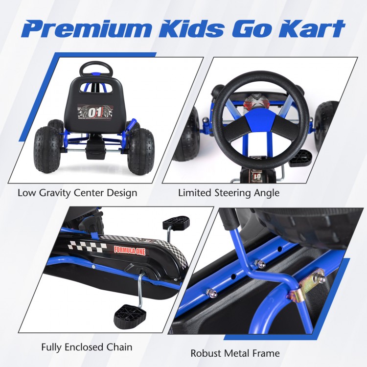 Kids go kart with adjustable seat, robust metal frame, and multi-terrain wheels for safe indoor and outdoor fun.