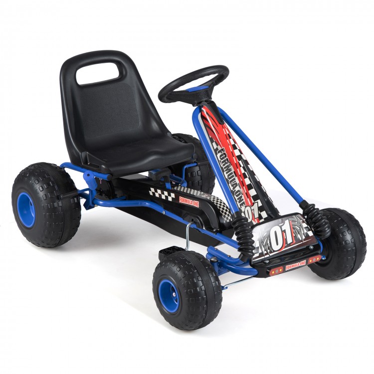 Go-kart for kids in blue showcasing a robust metal frame, adjustable seat, and durable multi-terrain wheels for.