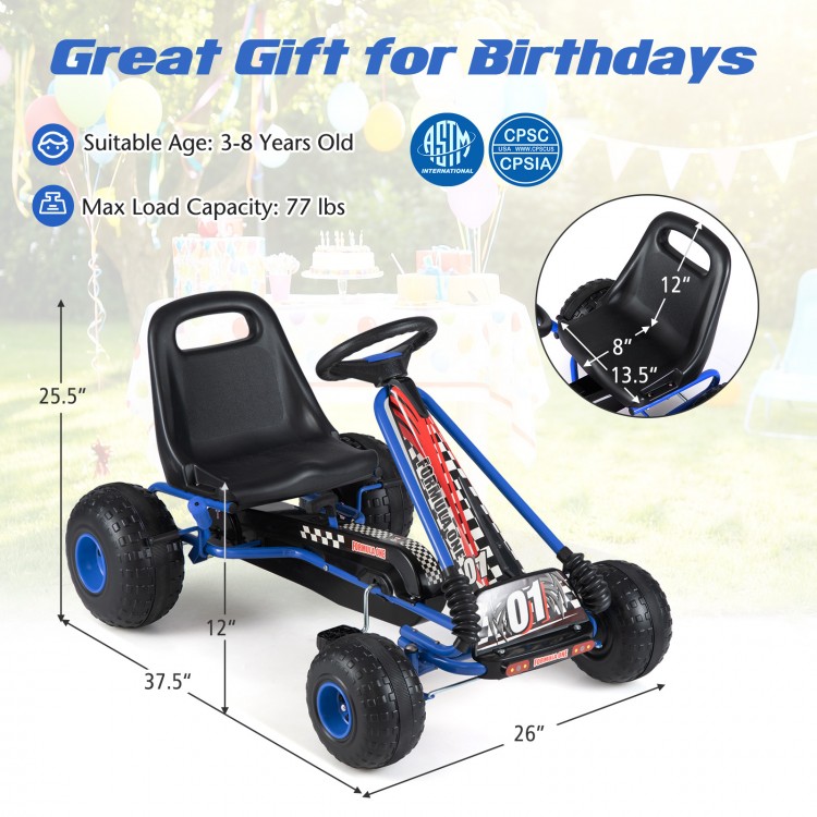 Blue go-kart for kids with adjustable seat, multi-terrain wheels, and safety features, suitable for ages 3-8.