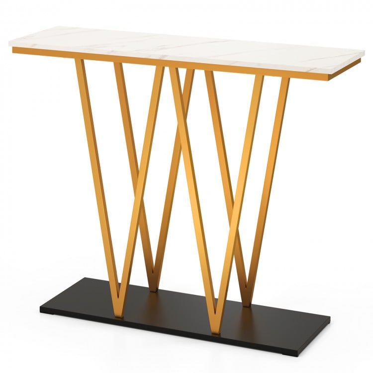 Gold entryway table with faux marble top and stylish metal frame, perfect for narrow spaces and displaying decorations.