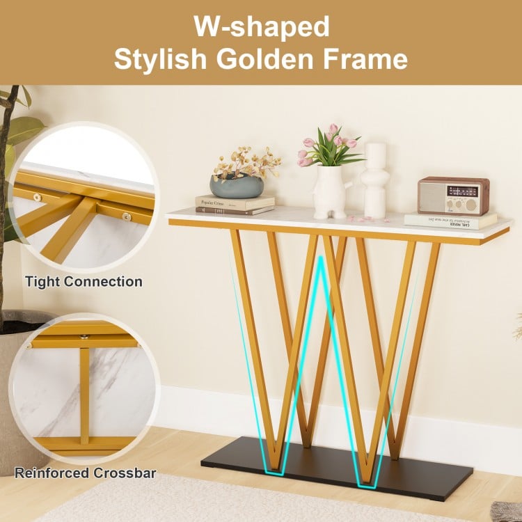 Gold entryway table with faux marble top and stylish golden frame, ideal for narrow spaces and displaying decorations.