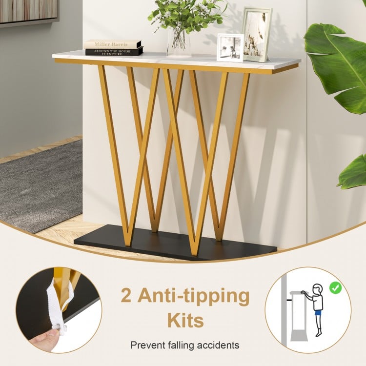 Gold entryway table with faux marble top and metal frame, featuring anti-tipping kits for added stability and safety.