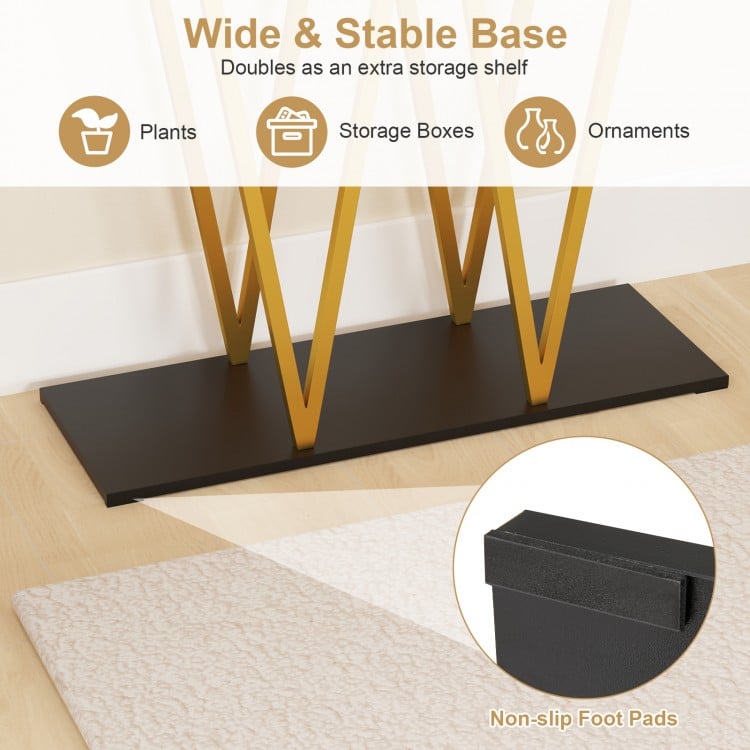 Gold entryway table with faux marble top and metal frame, featuring a wide stable base for extra storage and floor.