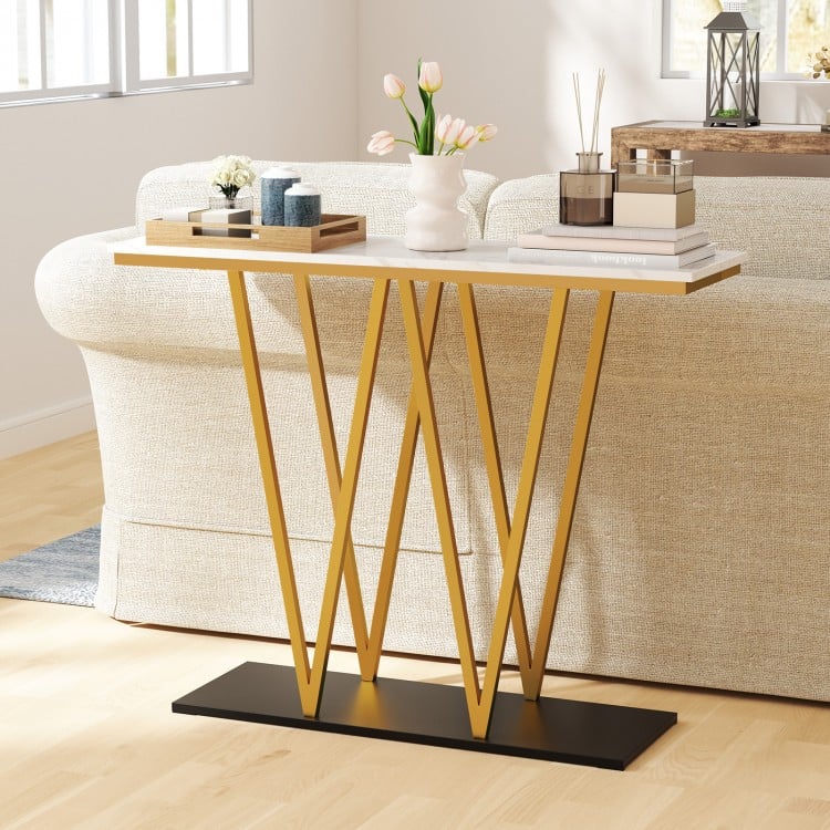 Slim gold entryway table with faux marble top and sturdy metal frame, designed for stylish decor in narrow spaces.
