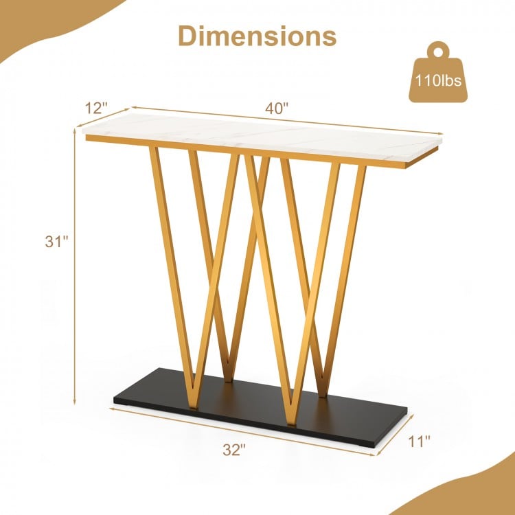Gold entryway table with faux marble top and metal frame, measuring 40"x12", ideal for narrow spaces and stylish decor.