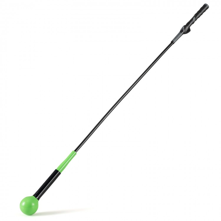 Golf swing trainer aid with a green weighted head and ergonomic handle, perfect for warm-up and practice sessions.