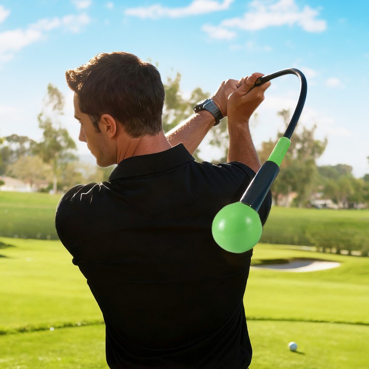 Golf swing trainer aid with weighted head, fiberglass shaft, and ergonomic handle for practice on the golf course.