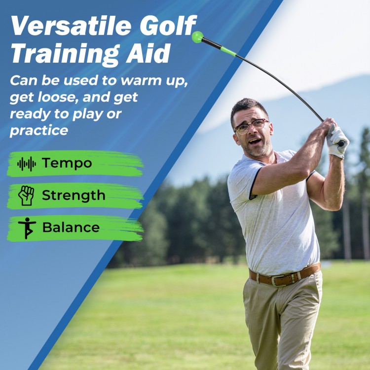 Golf Swing Trainer Aid with weighted head for warm-up, improving tempo, balance, and strength for right-handed golfers.