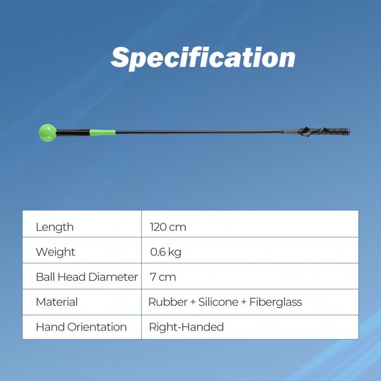 Golf swing trainer aid with a 7 cm weighted head and fiberglass shaft, ideal for right-handed golfers' warm-up practice.
