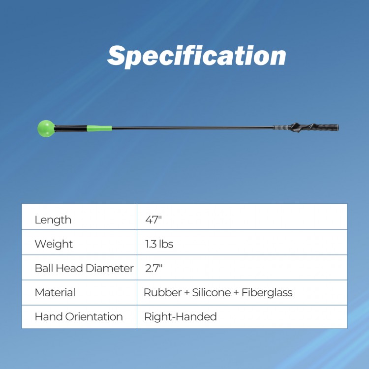 Golf swing trainer aid with a 47-inch fiberglass shaft and weighted green ball head for right-handed golfers.