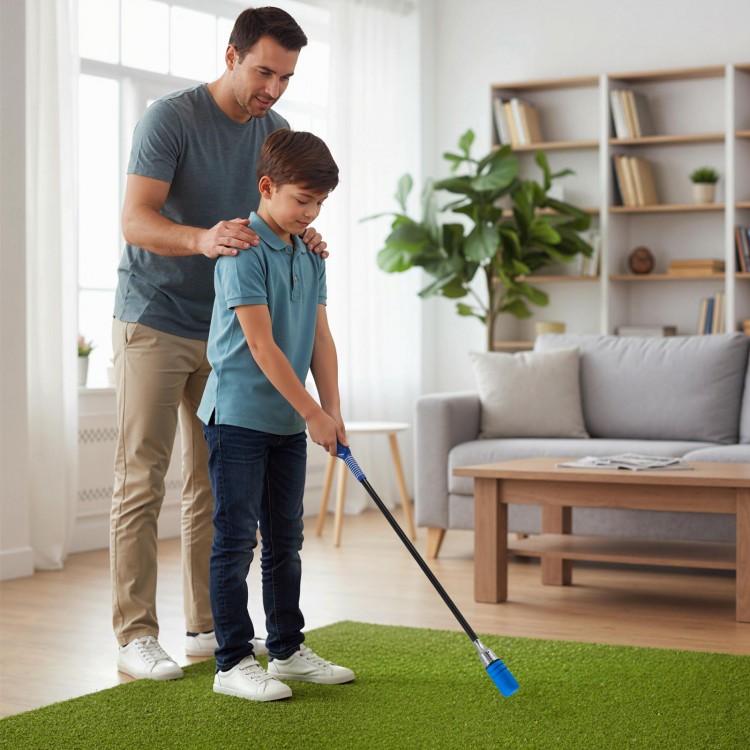 Golf Swing Trainer Click Stick in use, featuring a blue foam headcover and fiberglass shaft for flexibility and.