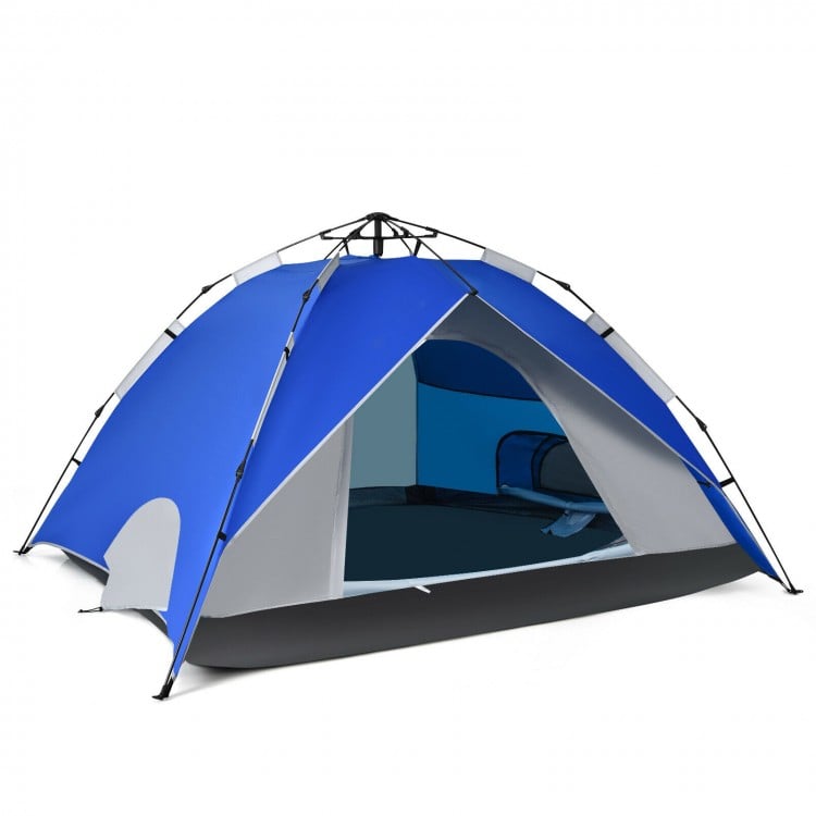 Blue 2-in-1 pop-up camping tent for 4 persons, featuring waterproof fabric and quick setup for outdoor adventures.