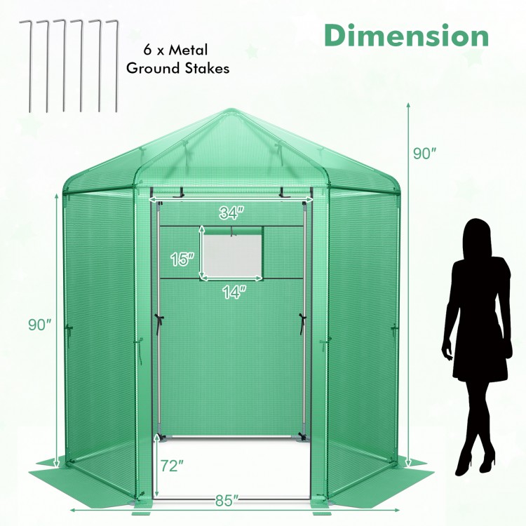 Hexagonal greenhouse with PE cover and metal frame, featuring dimensions of 72" x 85" x 90" for optimal plant growth.