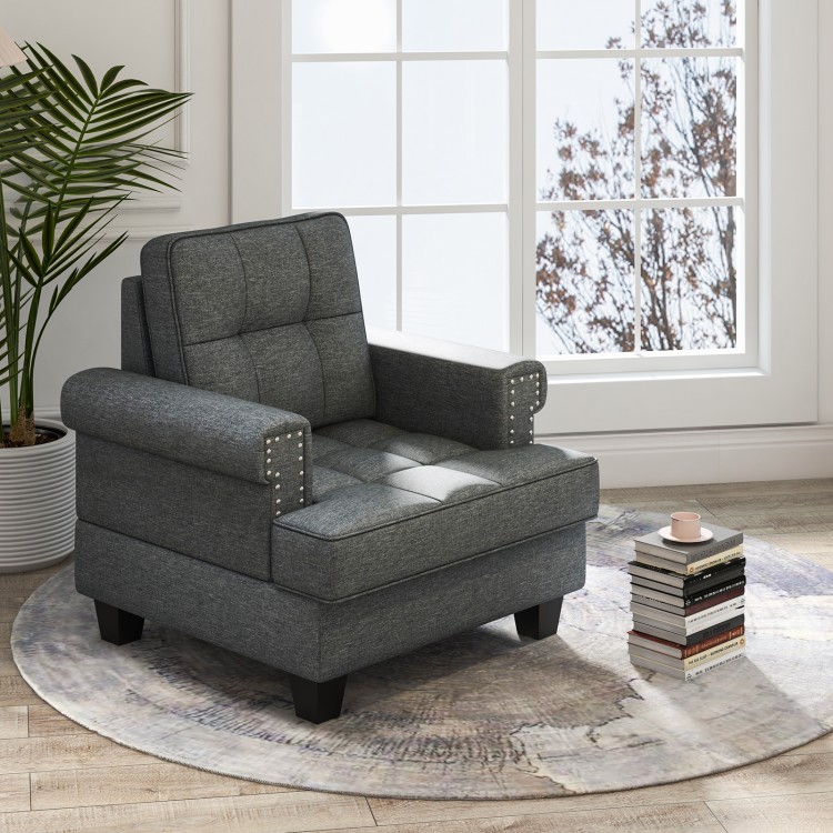 Tufted gray linen accent armchair with sturdy rubber wood legs, perfect for living room relaxation and style.
