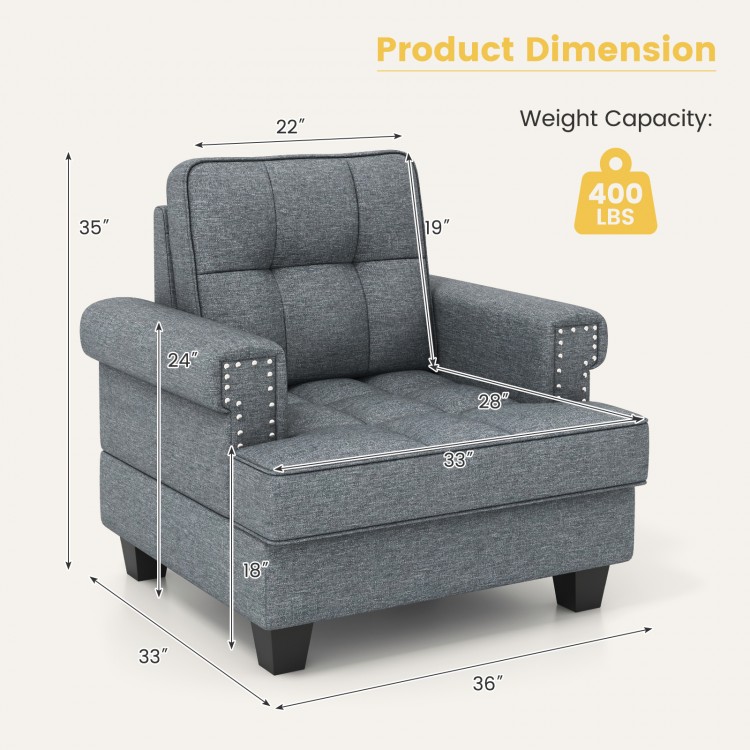 Mid-century modern accent armchair in gray with tufted design, measuring 36"x33"x35", supports up to 400 lbs.