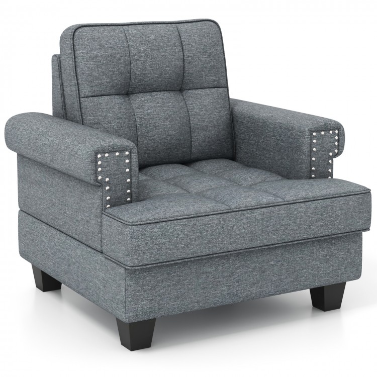 Mid-century modern accent armchair in gray with tufted design, removable cushion, and sturdy rubber wood legs for.