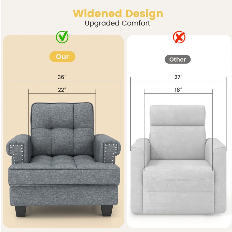 Mid-century modern accent armchair in gray, featuring tufted linen upholstery and a widened design for enhanced comfort.