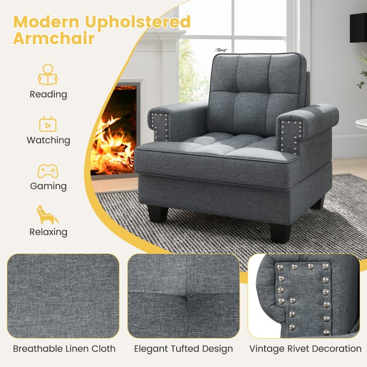 Mid-century modern accent armchair in gray with tufted linen, sturdy rubber wood legs, perfect for reading and relaxing.