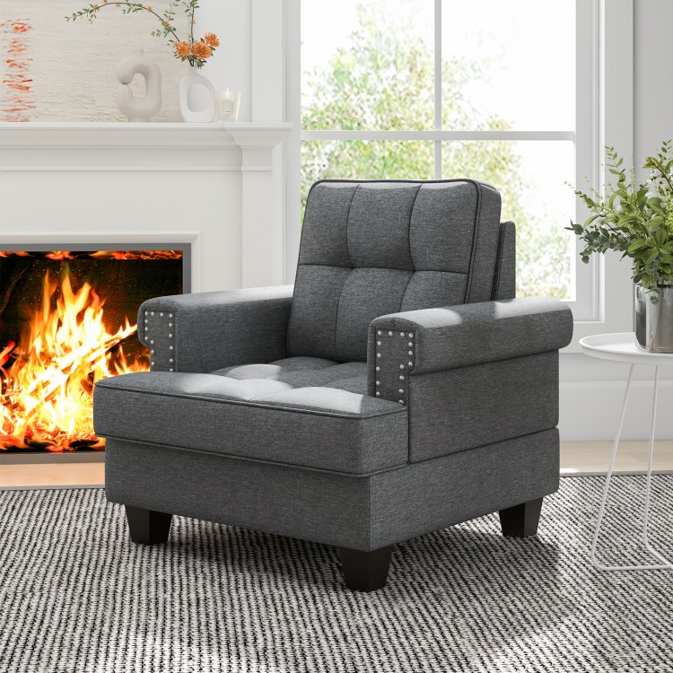 Mid-century Modern Accent Armchair Tufted Linen Club Chair - Gallery View 3 of 8