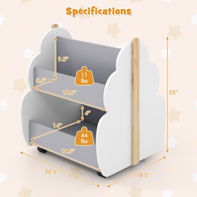 Kids wooden bookshelf with universal wheels in gray, featuring a cute tree shape, double-sided storage, and safety.