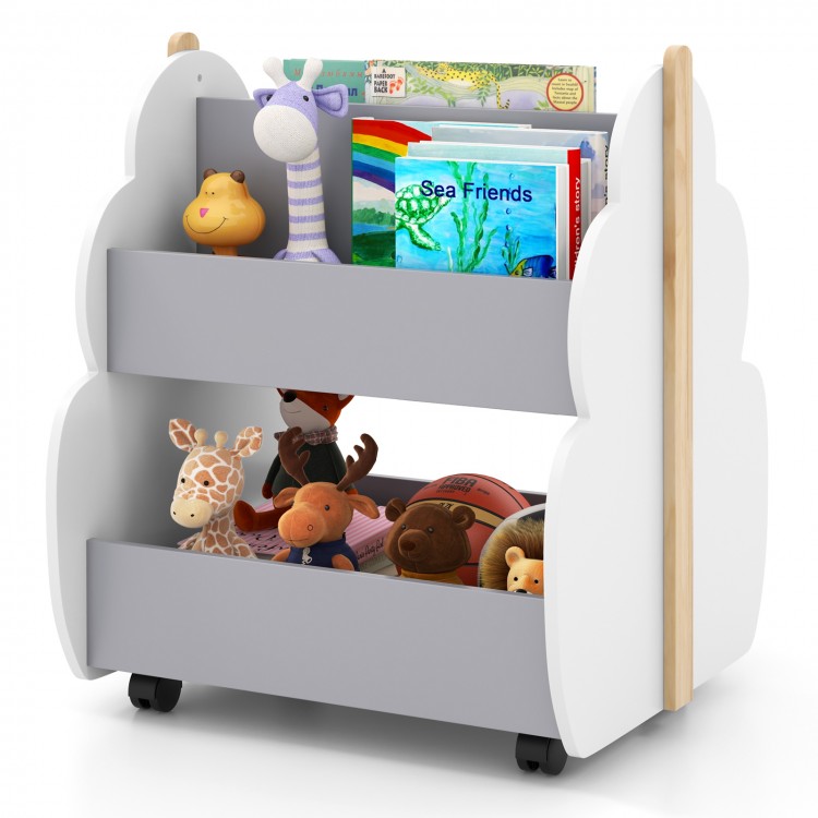 Kids wooden bookshelf with tree-shape design, gray color, double-sided storage, and universal wheels for easy mobility.
