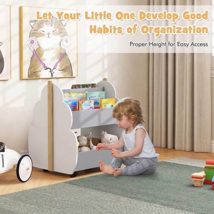 Kids wooden bookshelf in gray with universal wheels, perfect height for easy access and organization in children's.