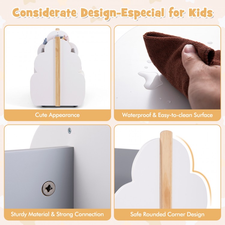 Kids wooden bookshelf in gray with cute tree shape, double-sided storage, and waterproof surface for easy cleaning.