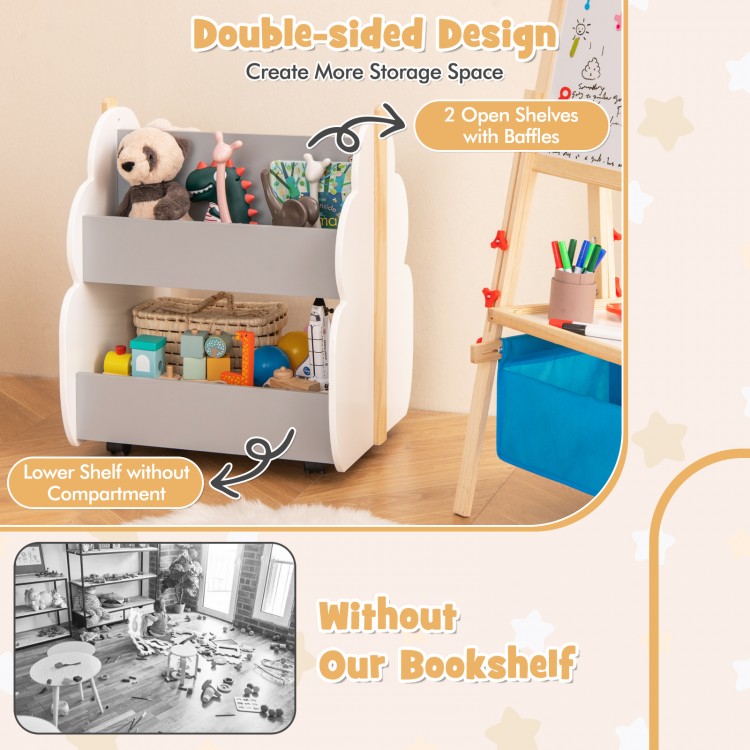 Kids wooden bookshelf in gray with double-sided design, featuring 2 open shelves and universal wheels for easy mobility.