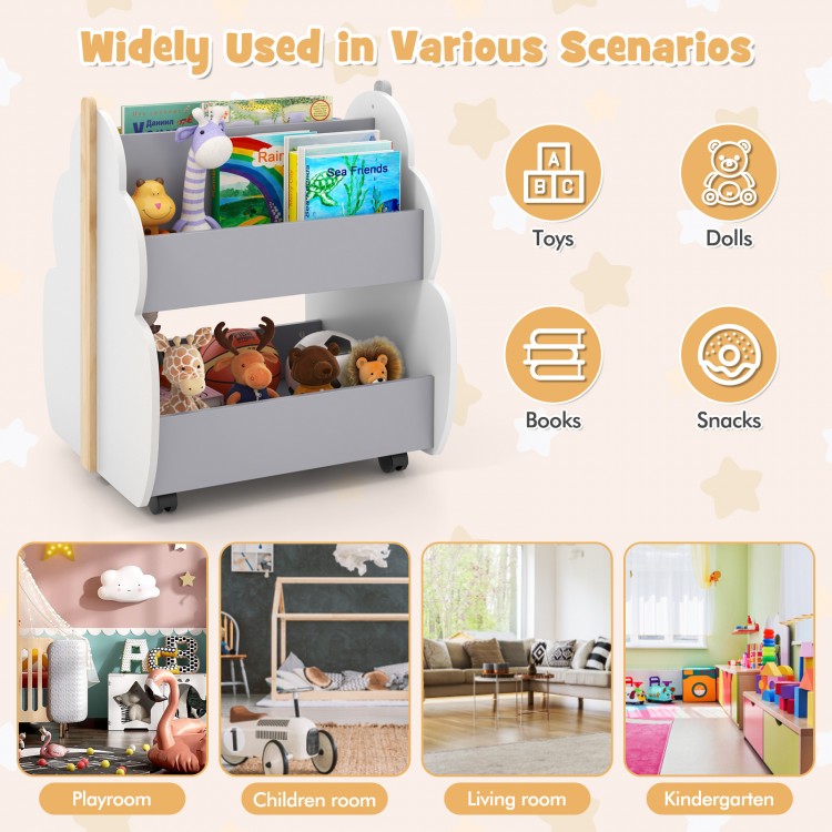 Kids wooden bookshelf with universal wheels in gray, featuring double-sided storage for books and toys, perfect for.