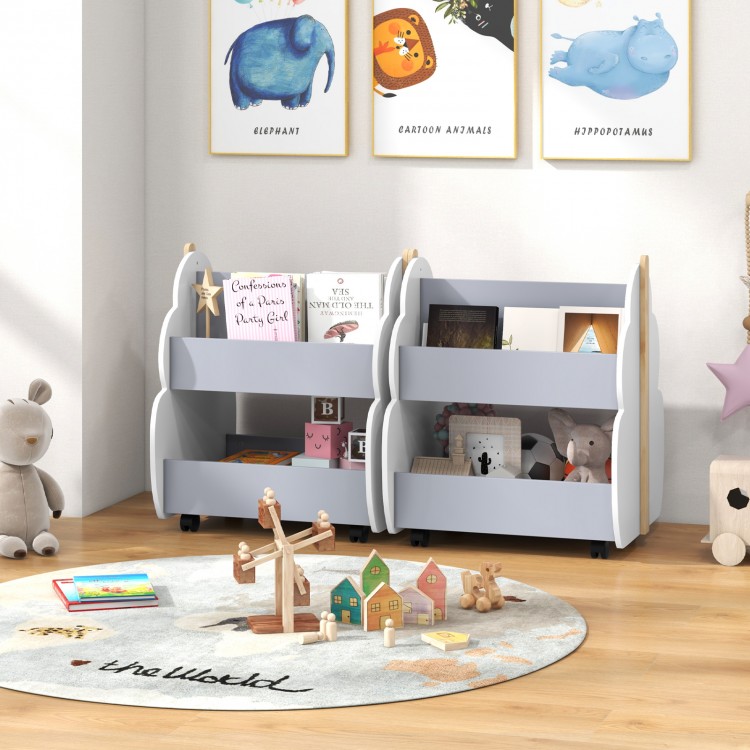 Kids wooden bookshelf in gray with double-sided storage and universal wheels, perfect for children's rooms and easy.