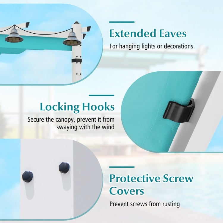 Extended eaves and locking hooks on the turquoise outdoor pergola with retractable canopy for secure decoration and.