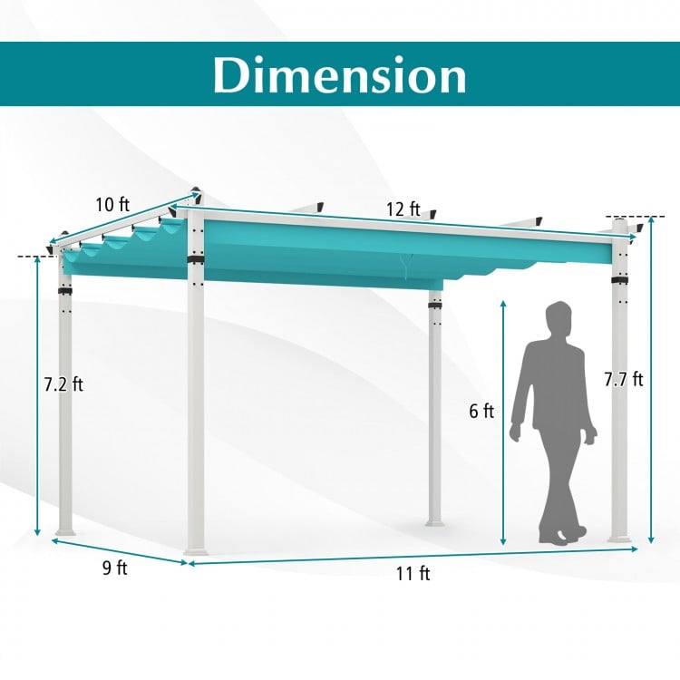 Outdoor pergola with turquoise retractable canopy, aluminum frame, dimensions shown for easy setup and placement.