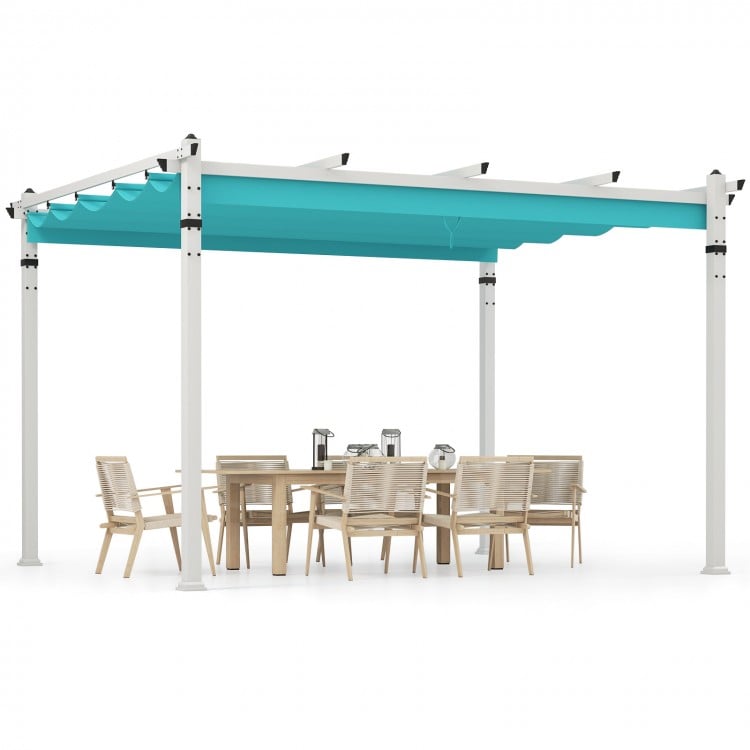 Outdoor pergola with turquoise retractable canopy and sturdy aluminum frame, perfect for outdoor dining and gatherings.